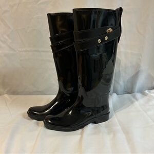 Coach Talia Glossy Black Women's Rain Boots with Gold Embellishment - Size 7